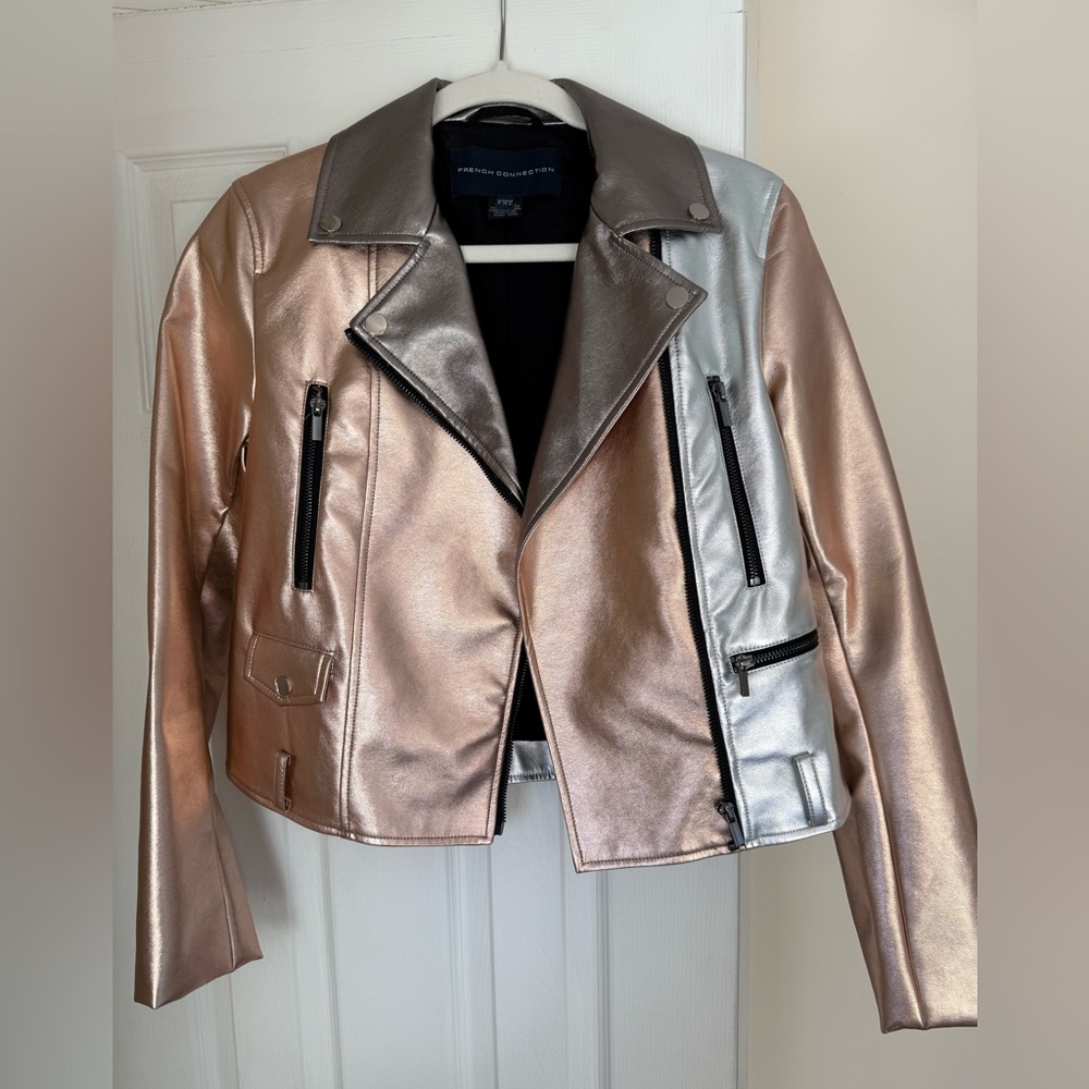 French Connection Rose Gold and Silver Faux Leather Jacket